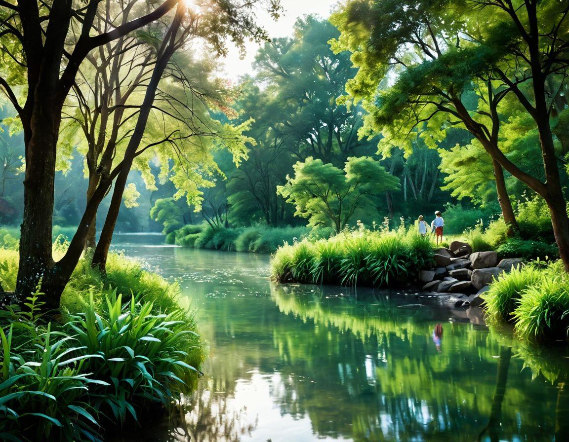 A serene landscape featuring a flowing river with crystal-clear water, surrounded by lush green trees symbolizing freshness and purity. In the foreground, a happy family enjoying filtered water from stylish pitchers, which reflect the essence of love and health. Include abstract elements like water droplets and leaves to emphasize filtration, creating a romantic atmosphere. soft pastel colors. nature-inspired. whimsical.
