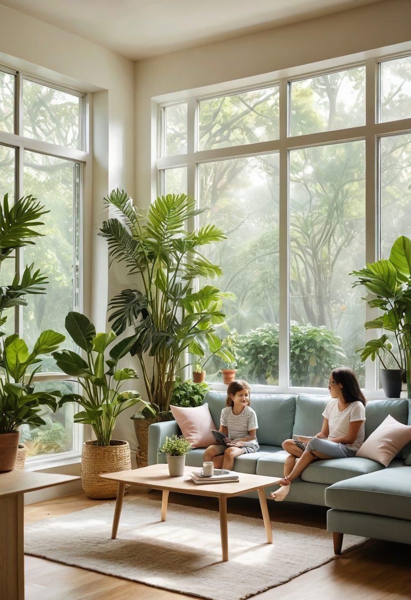 A serene indoor scene showcasing a bright, airy living room filled with lush indoor plants, sunlight filtering through eco-friendly window filters. In the foreground, a family enjoys quality time, breathing in fresh, clean air. To highlight the benefits, include icons illustrating clean air and health, subtly integrated into the scene. Soft pastel colors and a touch of nature bring warmth and positivity. super-realistic. vibrant colors. light and airy atmosphere.