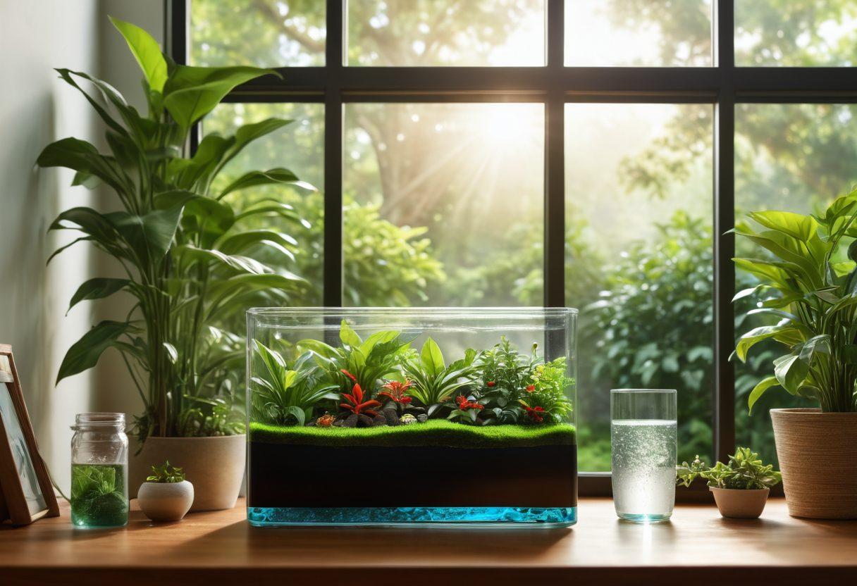 A serene home environment with crystal-clear air and sparkling water. Show an eco-friendly filtration system in action, surrounded by lush green plants and sunlight streaming through a window. Include a happy family enjoying their healthy space, with outdoor scenery in the background indicating a clean, natural landscape. Emphasize tranquility and sustainability. super-realistic. vibrant colors. soft lighting.